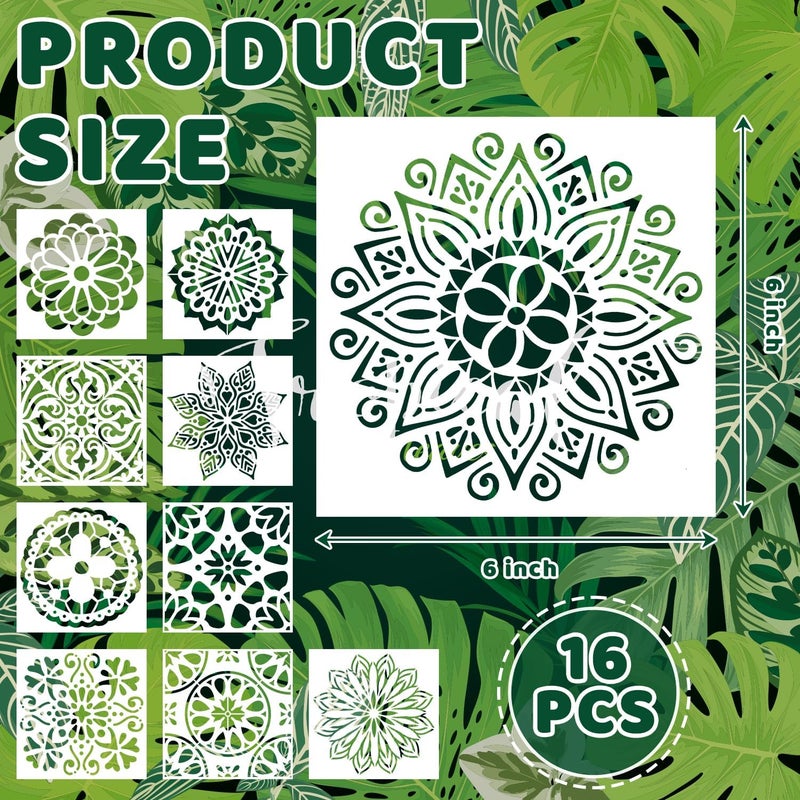Resflyar 16 PCS Reusable Stencils, Mandala Stencils Mandala Dot Painting Templates Stencil for Painting DIY Art Scrapbook Fabric Furniture on Wood Floor Wall Tile, 6 x 6 Inch - Image 2